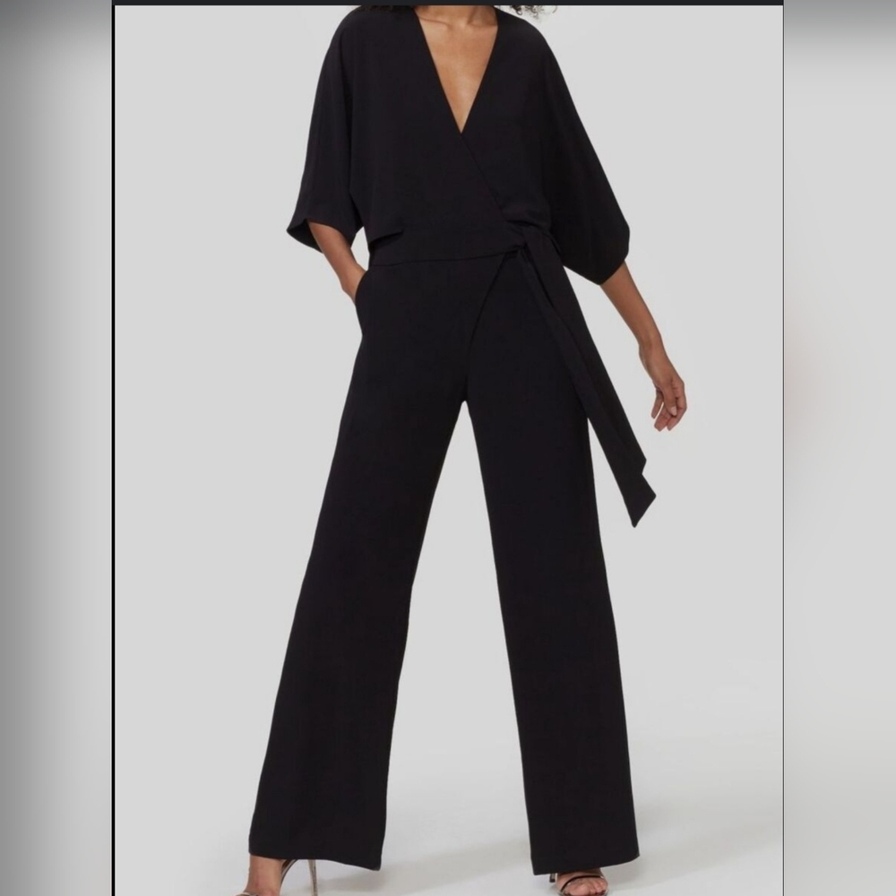 $459 Halston Women Black V-Neck Faux Wrap Flutter-Sleeve Crepe Jumpsuit Size 6